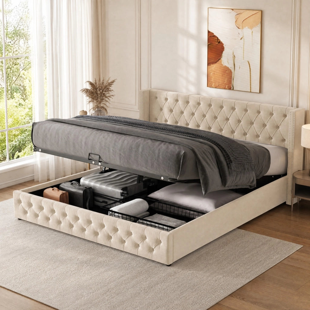 Letto imbottito matrimoniale 140x190 cm in velluto beige con contenitore e rete a doghe