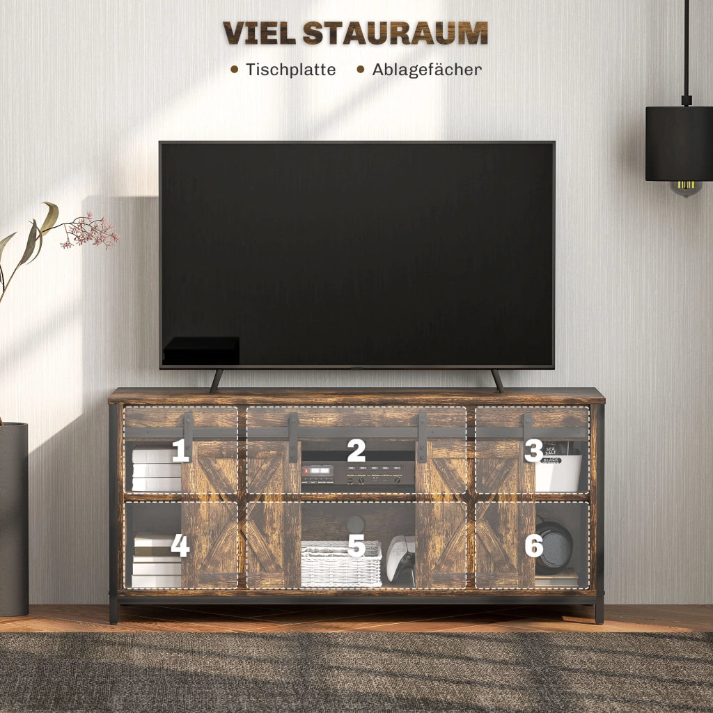 Mobile porta TV industriale con 2 ante scorrevoli e 6 vani, per soggiorno, in compensato, marrone, 120 × 40 × 54 cm