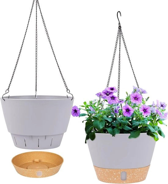 Set di due contenitori per piante appesi, 25,4 cm contenitori per piante appesi interni ed esterni, contenitore per piante appese con foro di drenaggio e 3 ganci per giardino (grigio chiaro)