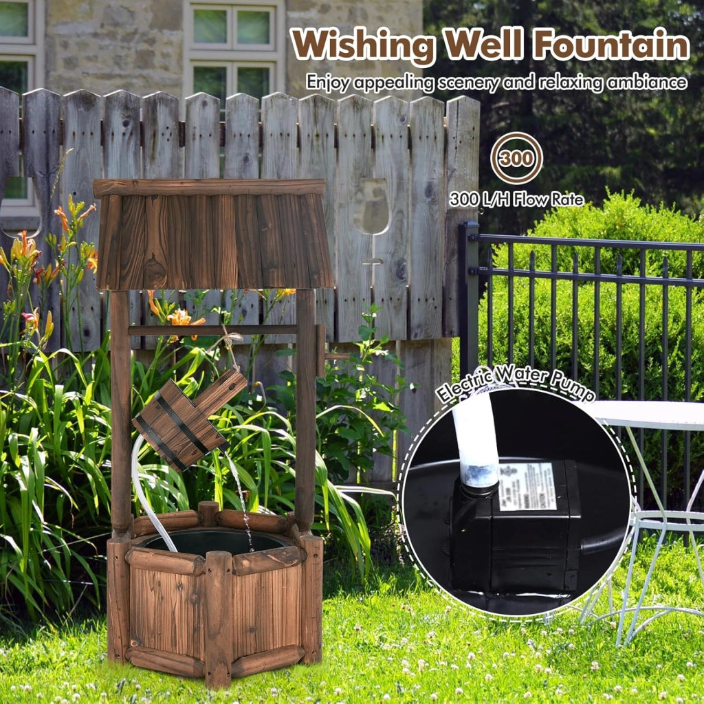 Fontana da giardino con tetto per esterni, fontana in legno con pompa elettrica e secchio in legno, fontana decorativa per cortile e prato, 59 x 56 x 115 cm
