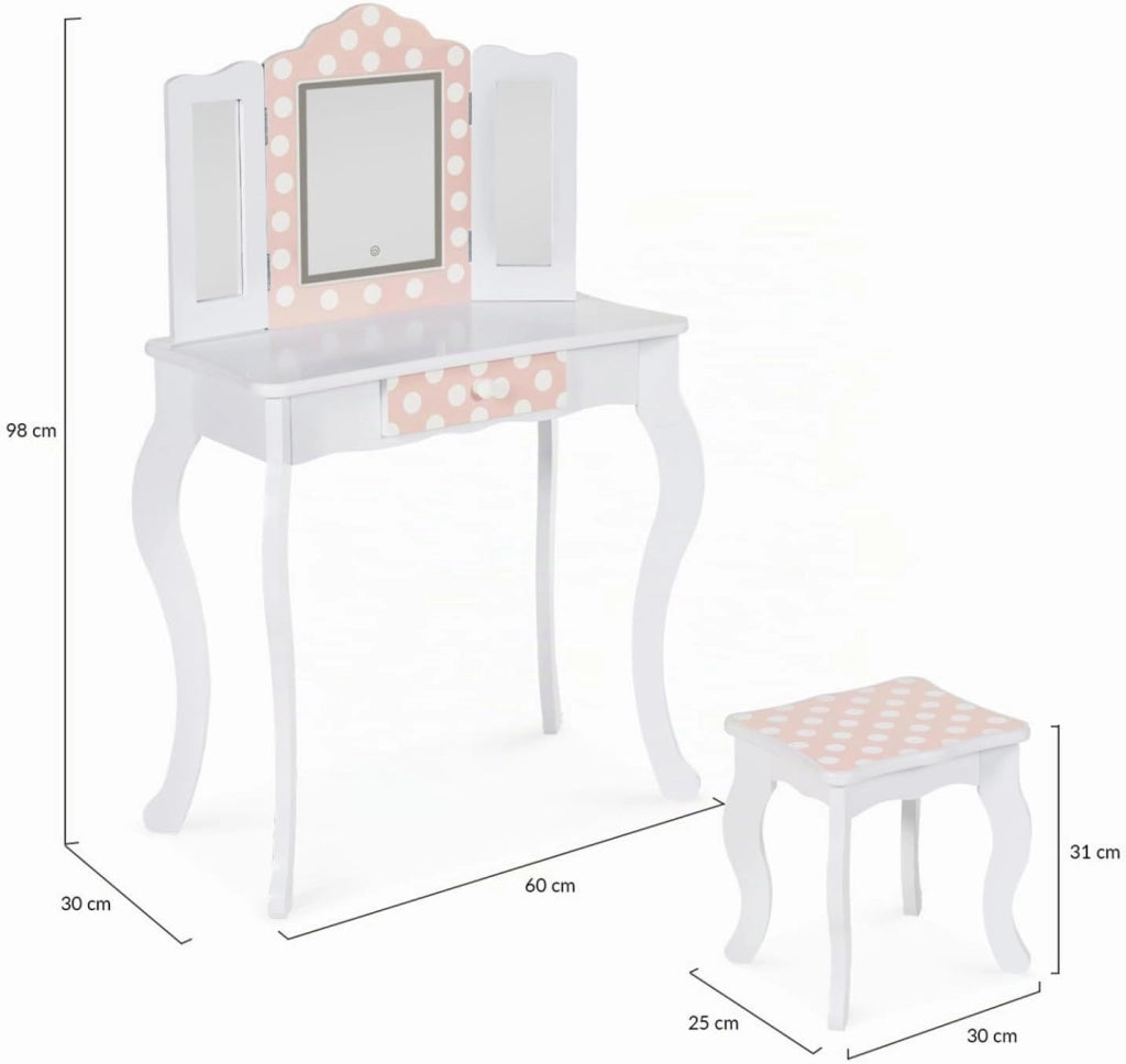 Tavolino per bambini a LED bianco e rosa ROZA con 3 specchi e sgabello