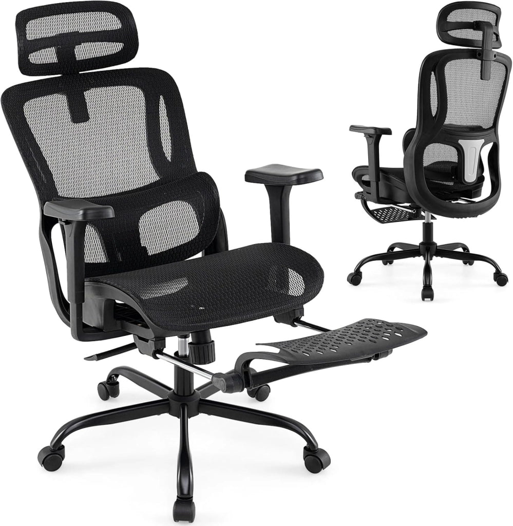 Sedia da ufficio girevole con 5 ruote, schienale reclinabile e altezza regolabile, poggiapiedi retrattile, supporto lombare e poggiatesta, sedia da gaming in rete ergonomica (nero)