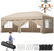Gazebo 3x6 Pieghevole Impermeabile, Tenda Pop Up Pieghevole con 6 Pareti Rimovibili, Gazebo Pieghevole con 3 Altezze Regolabili Protezione UV 50+ per Giardino, Terrazza, Campeggio (Beige)