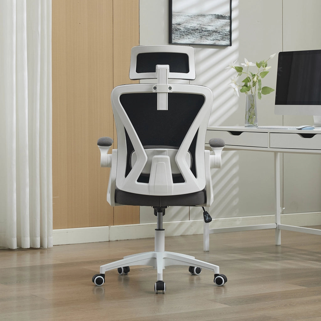 Sedia da ufficio ergonomica con Schienale in Rete, Supporto Lombare, Braccioli Ribaltabili, Grigio Imbottito