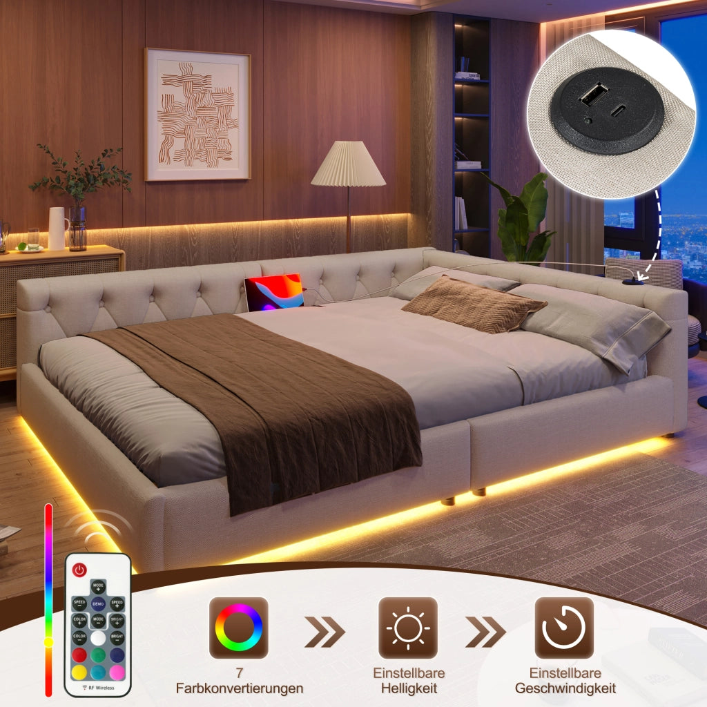 Letto contenitore matrimoniale 140×200 cm con LED; USB e Type-C; testiera con bottoni; senza materasso; lino; beige