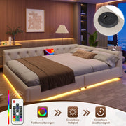 Letto contenitore matrimoniale 140×200 cm con LED; USB e Type-C; testiera con bottoni; senza materasso; lino; beige