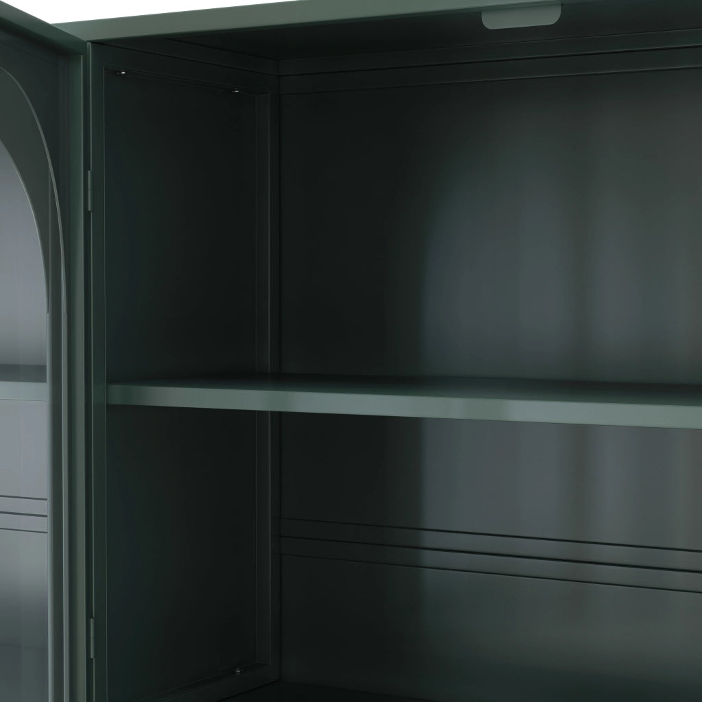 Mobile contenitore a 4 ante in ferro e vetro con ripiani; per cucina e soggiorno; 120×23×70 cm; verde scuro