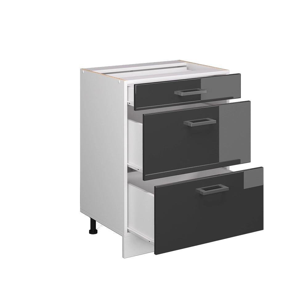 Mobiletto base per cucina R-Line Antracite lucido/Bianco 60 cm con cassetti, senza piano di lavoro Vicco