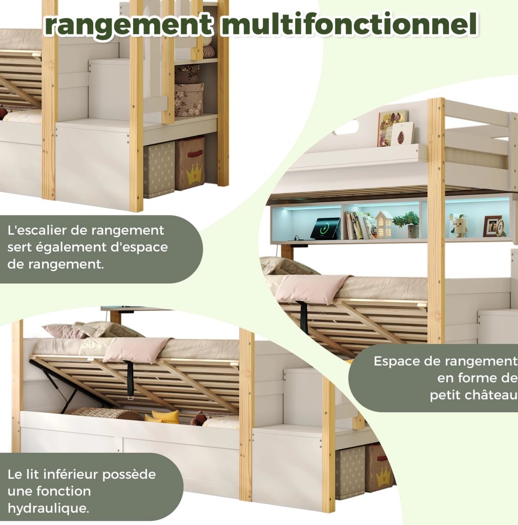Letto a castello ULEVR 90x200 cm con contenitore idraulico, scala contenitore, LED e prese USB/Type-C, bianco
