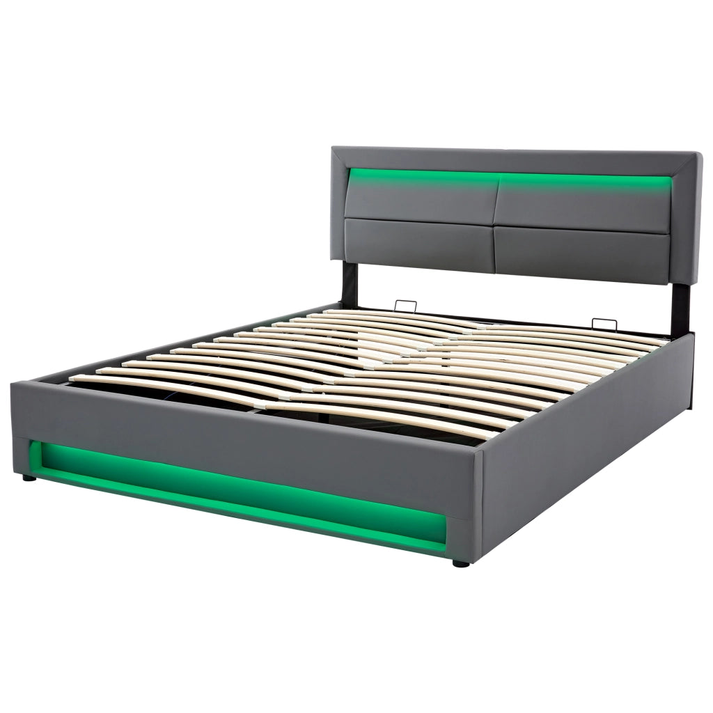 Letto in PU grigio 160x200 con motivo litchi USB wireless/cablato LED vano