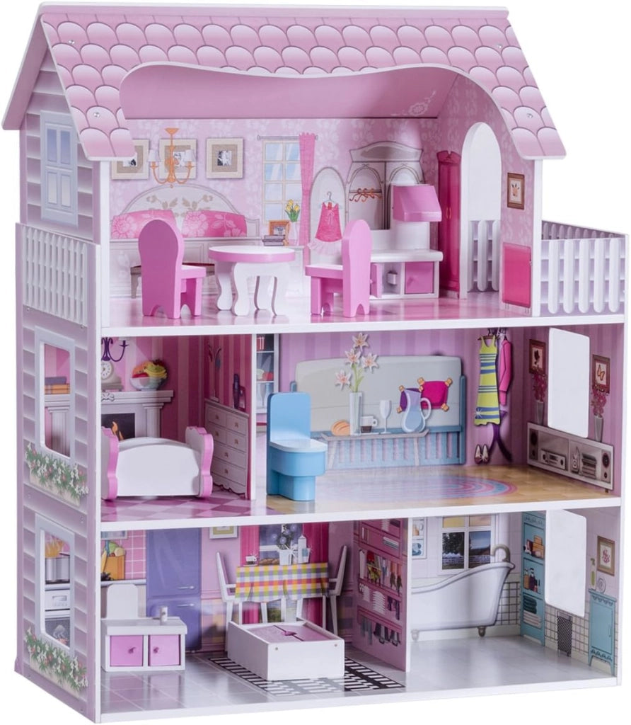 Casa delle Bambole in Legno per Bambina Giocattolo dei Bambini 3 Piani con Mobili e Accessori
