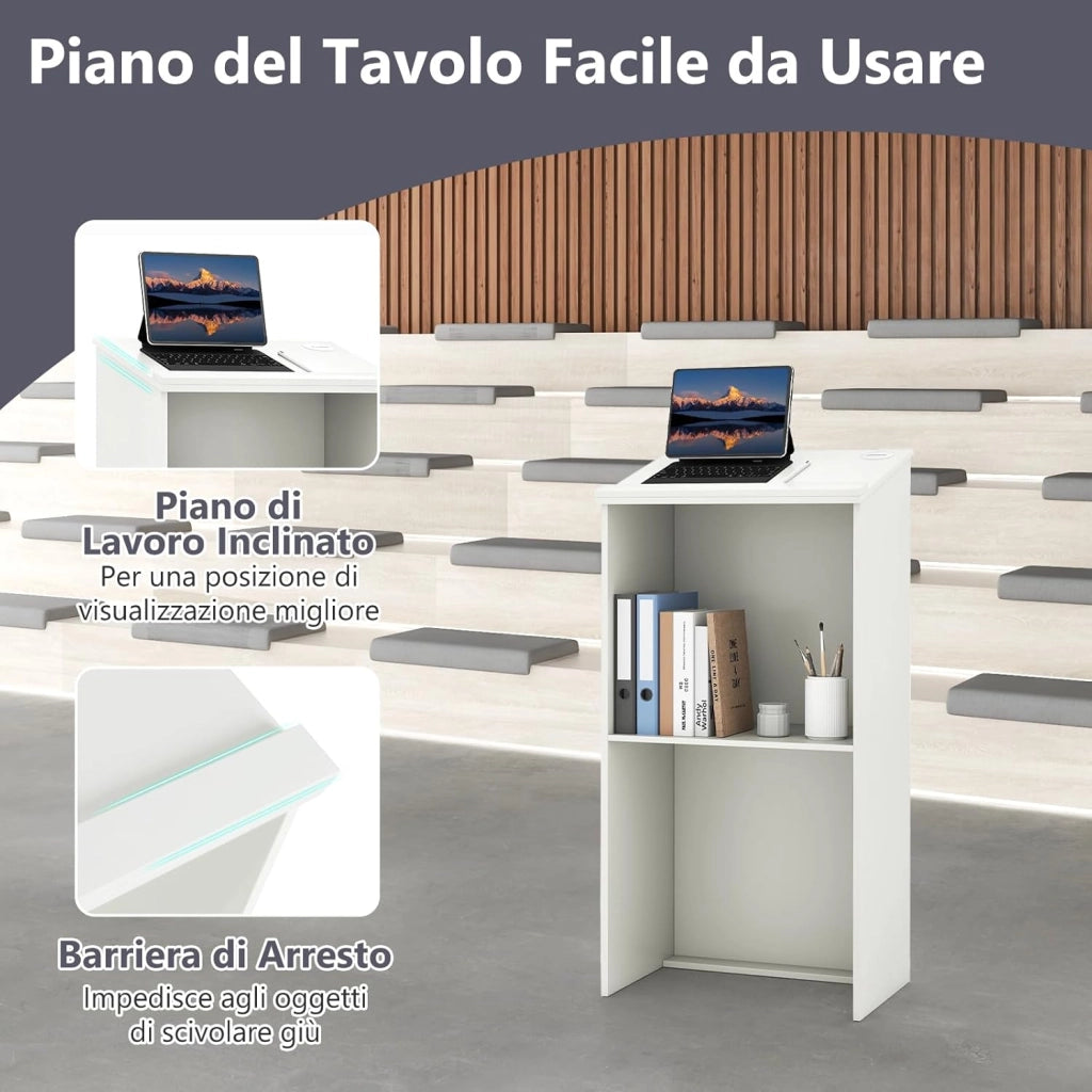 COSTWAY Leggio per Oratori, Podio per Conferenza con Ripiani e Fori per Cavi, Leggio da Pulpito in Legno per Aula, Ufficio, Ristorante e Seminario (Bianco)