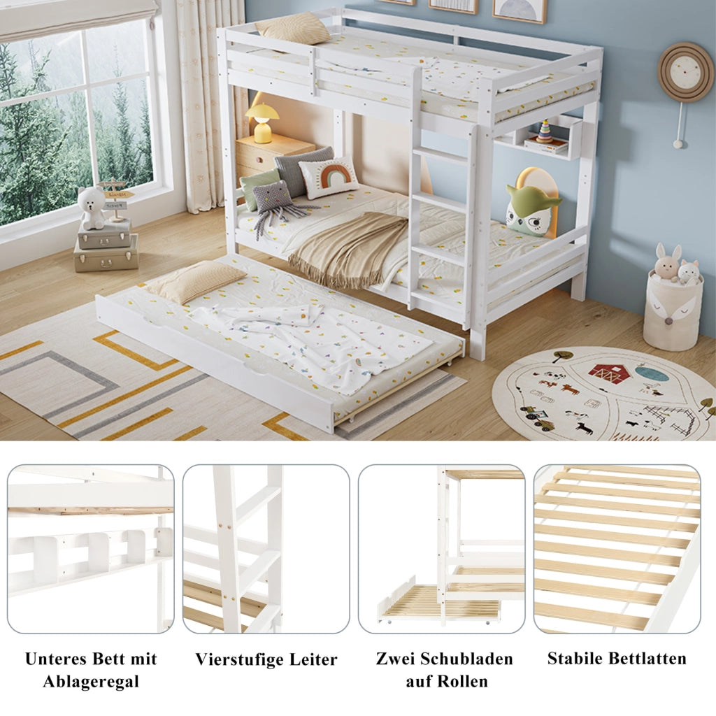 Letto a castello per bambini con letto estraibile; mensola da 2 m e scala; bianco 90x200 cm