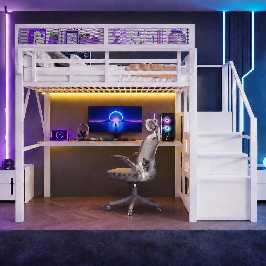 Letto a soppalco 140x200 cm con scrivania, LED e ripiani in metallo bianco