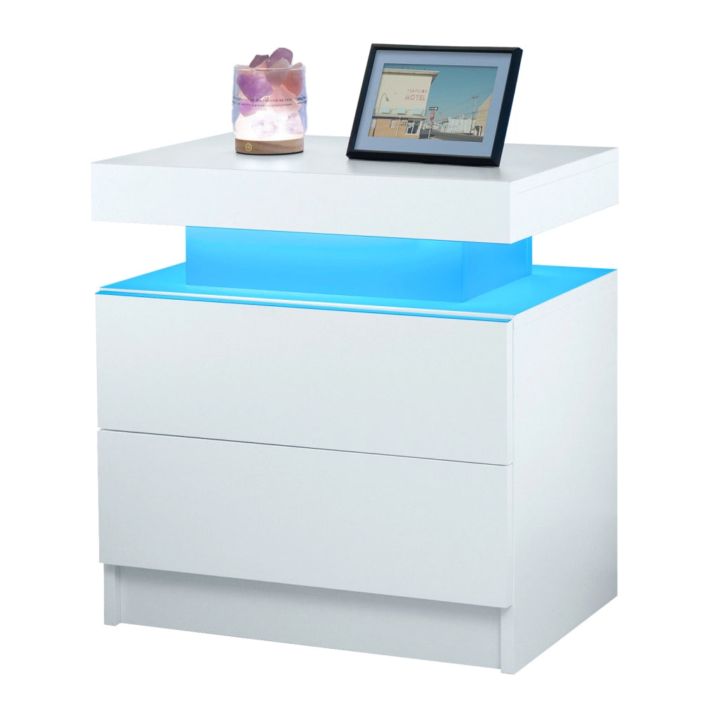 Comodino Moderno con Luci LED Regolabili e 2 Cassetti, Bianco