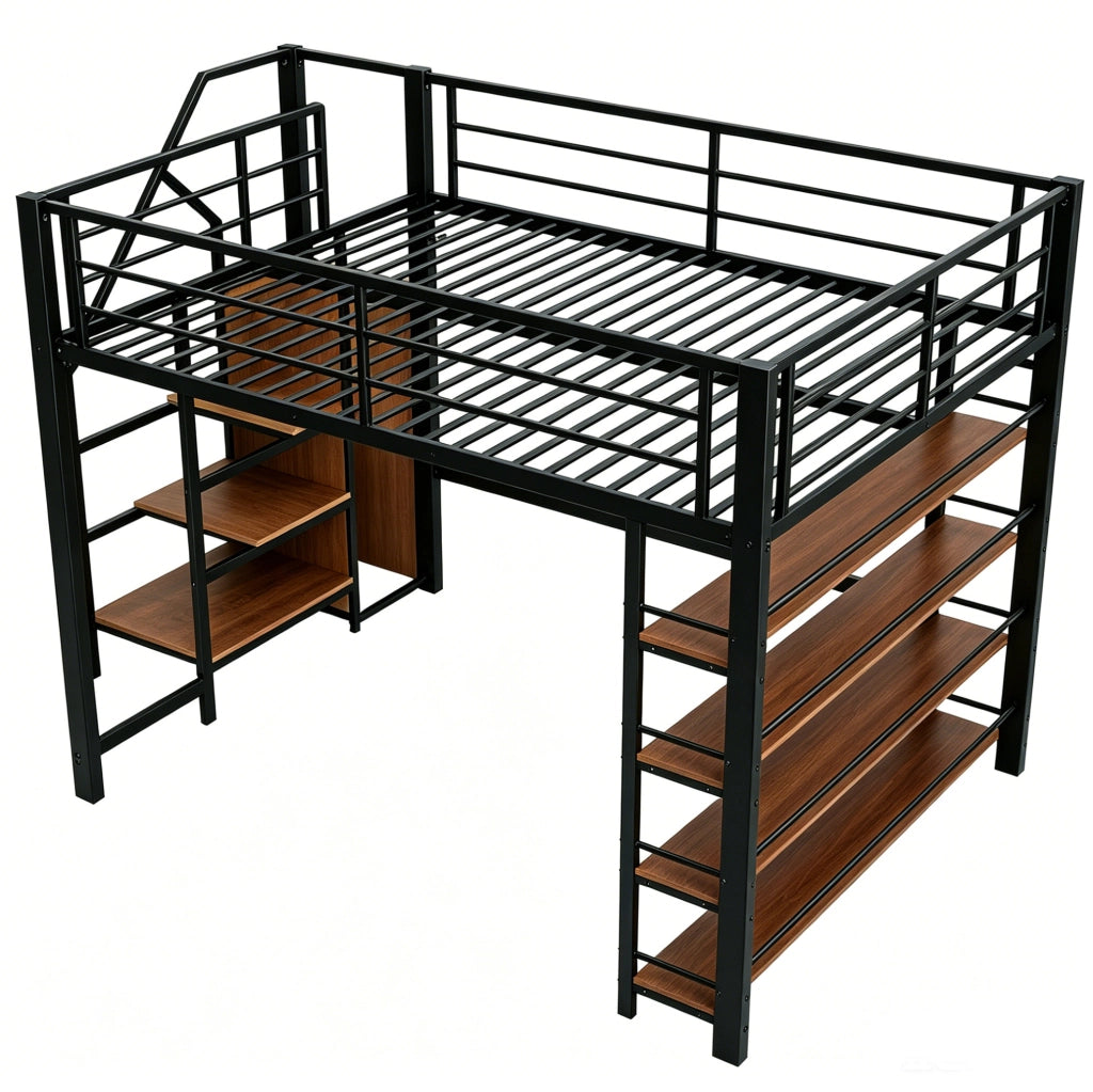 Letto a castello 140x200 cm in metallo con scala contenitore; armadietto; nero