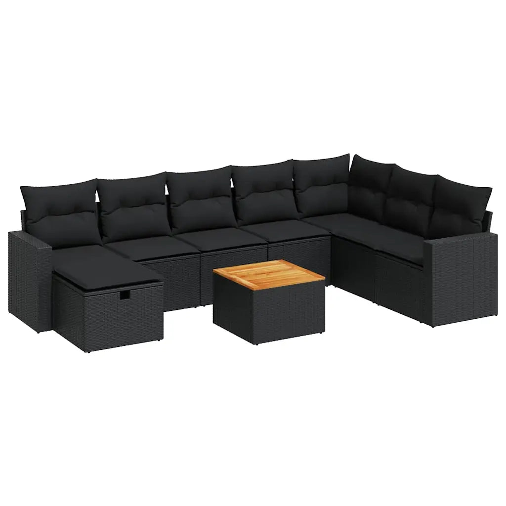 Set Divani da Giardino 9 pz con Cuscini Nero in Polyrattan