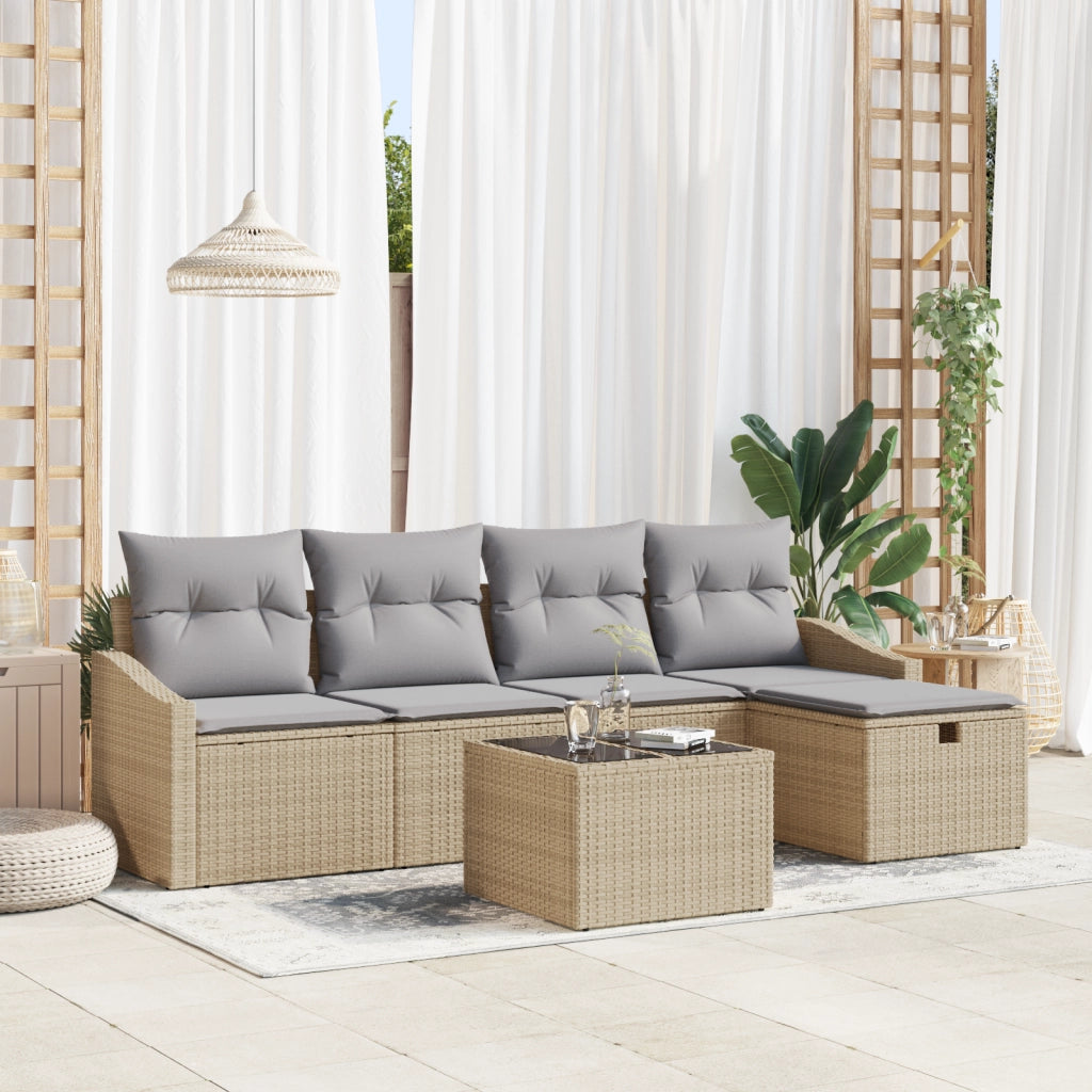 Set Divano da Giardino 6 Pezzi con Cuscini Beige Rattan PE