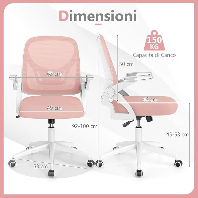 Sedia da Ufficio in Rete, Sedia da Scrivania Ergonomica con Supporto Lombare e Braccioli Ribaltabili, Sedia da Lavoro Girevole, con Ruote Regolabile in Altezza, Portata 150 kg