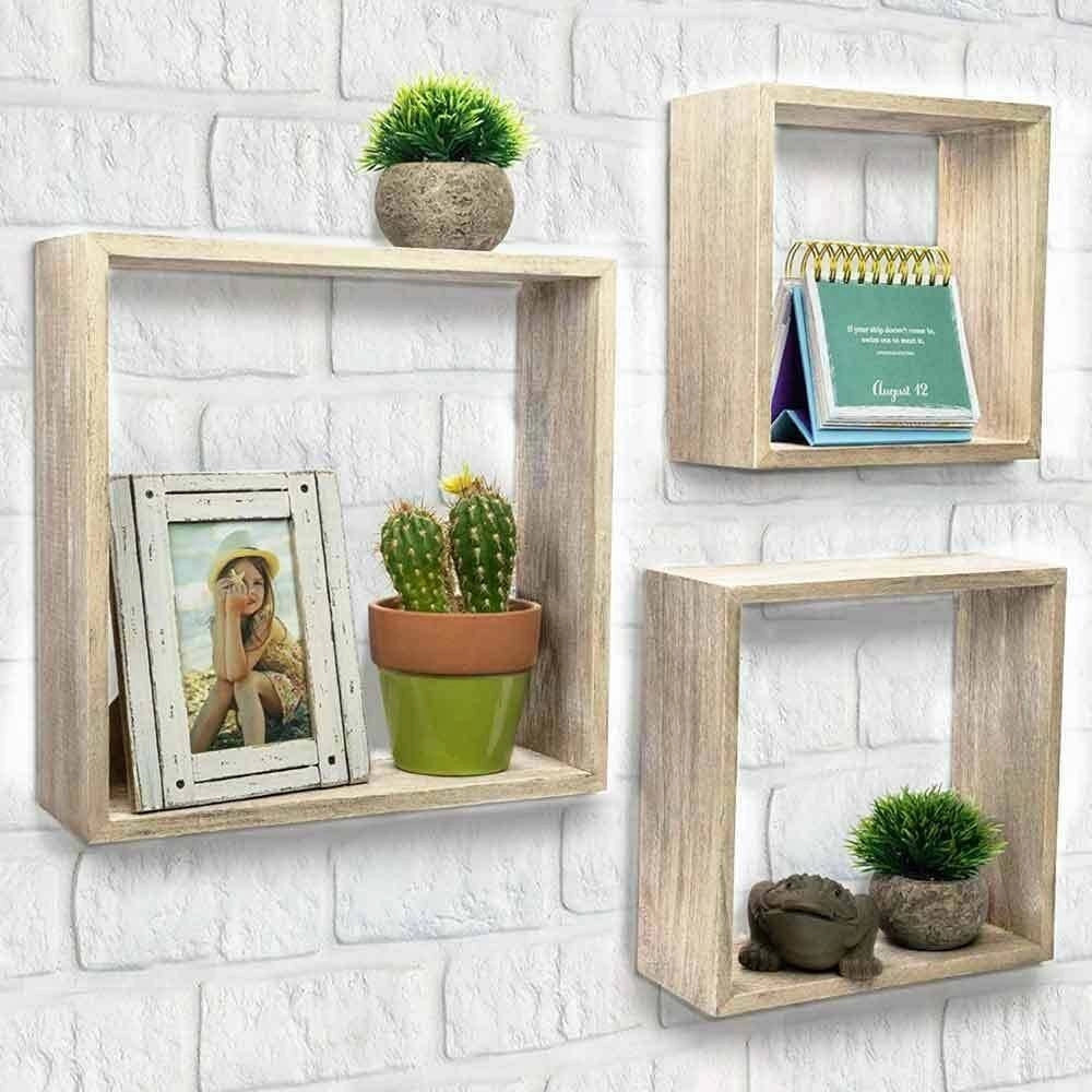 Trade Shop - Set 3 Mensole Da Parete Moderne Design Cubo Mensola Scaffale In Legno Mdf Beige -