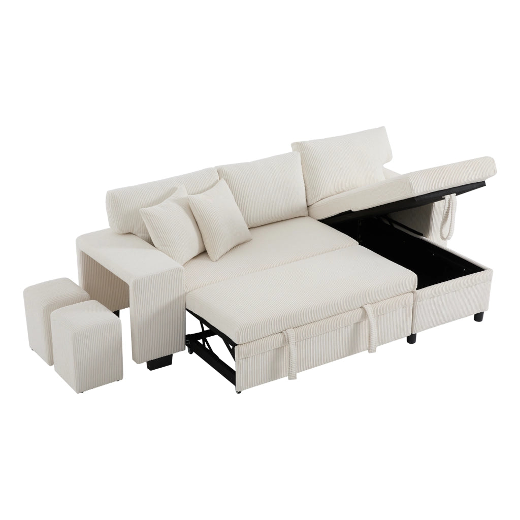 Divano Letto Angolare Convertibile con Contenitore; USB e Tipo C; Ripiano Laterale; in Velluto a Coste Beige