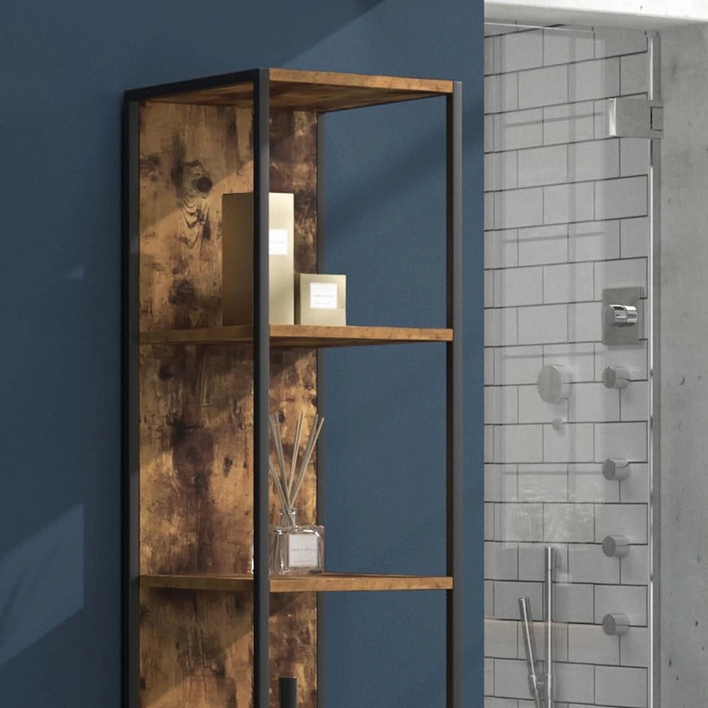 Mobile bagno alto Fyrk, Legno antico, 33 x 185 cm, per la conservazione di articoli da bagno e asciugamani