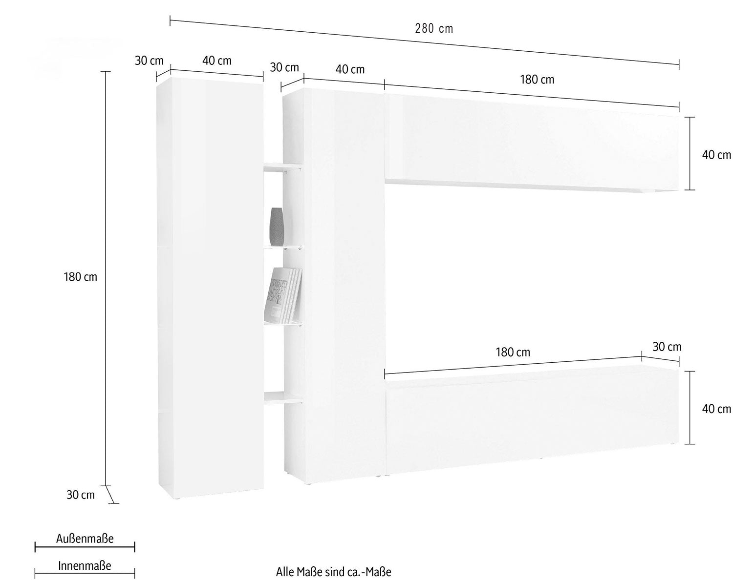 Parete Attrezzata Soggiorno 280x30x180 cm Maruska n°8 Bianco Lucido