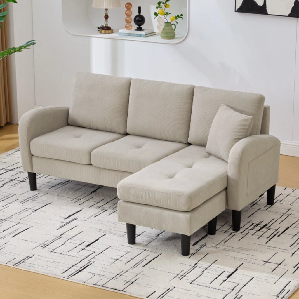 Divano angolare modulare 3 posti - con chaise longue reversibile - in tessuto cord - marrone grigio