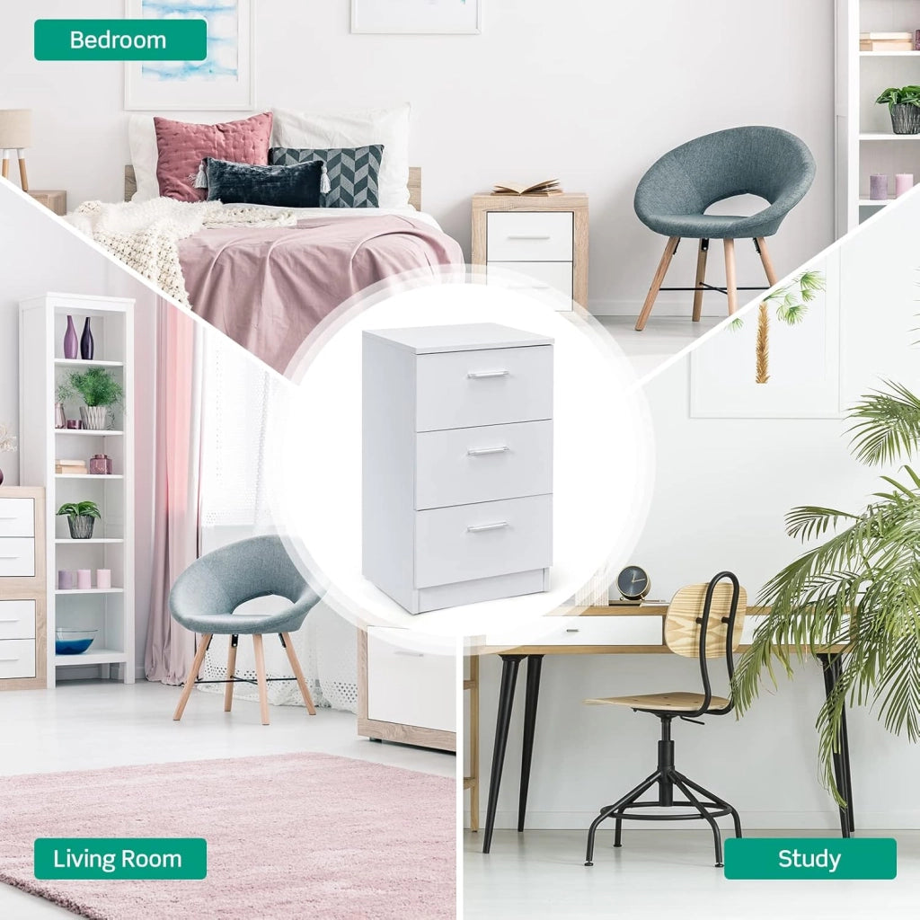 Comodino Camera, Armadietto Laterale, Mobiletto Fianco Letto, con 3 Cassetti, per Ufficio/Soggiorno/Studio, Portata di 80kg, 38x35x66cm, Nero/Bianco