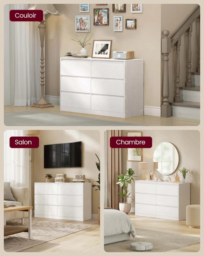 Cassettiera per camera da letto a 6 cassetti mobiletto portaoggetti appendiabiti 40 x 119,4 x 75 cm stile moderno bianco 12_0008005