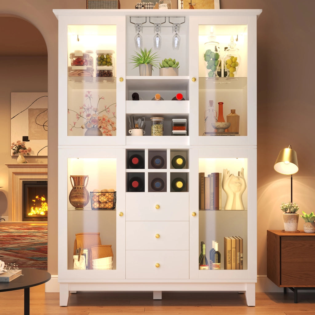 Mobile bar con 3 cassetti, ripiani regolabili, portabicchieri e portabottiglie, in MDF, bianco, 120 × 40 × 180,5 cm