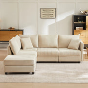 Divano modulare 5 posti con chaise longue reversibile e pouf rimovibile, in Effetto lino beige