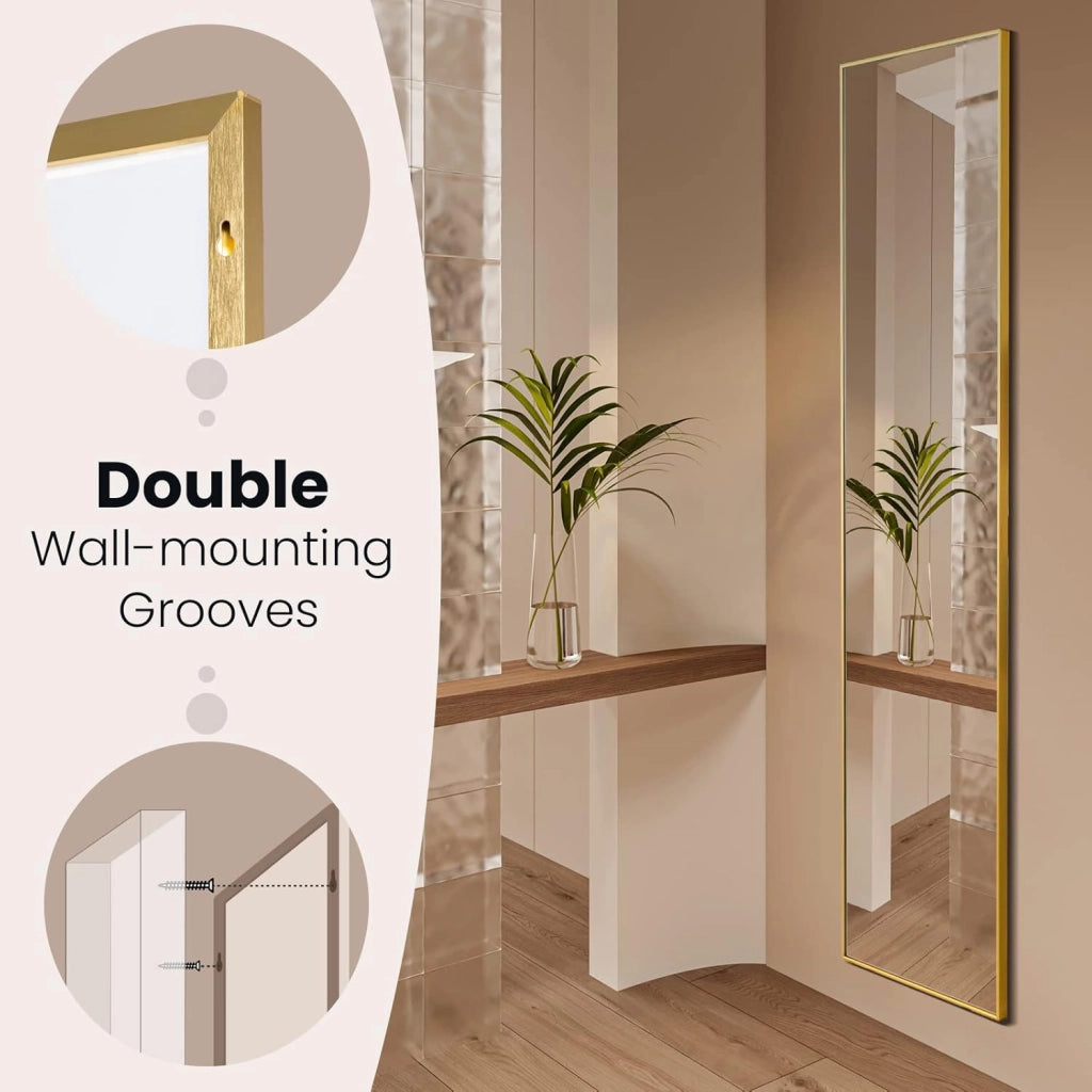 Specchio da Parete Lungo, Specchio da Terra Appendere con Cornice in Lega di Alluminio e Ganci, Per Camera da Letto e Soggiorno, 160 x 40 cm (Oro)