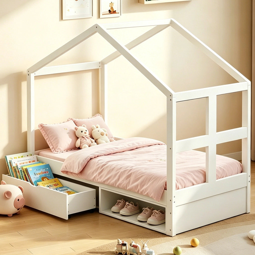 Letto singolo a casetta 90x190 cm con cassetto; scarpiera compatta e LED multicolore; bianco