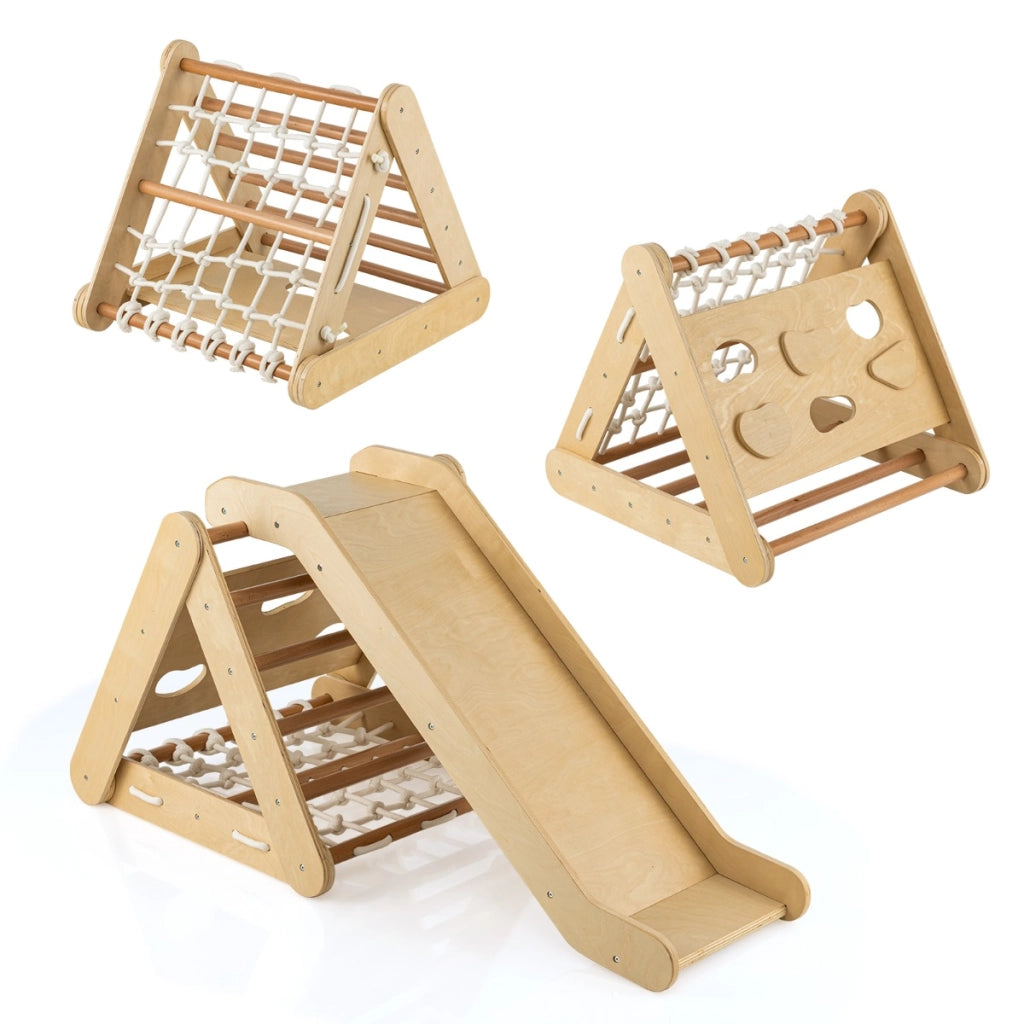 Arrampicata in legno per bambini 4-in-1 con scivolo, Arrampicata a triangolo per interni con rete Naturale