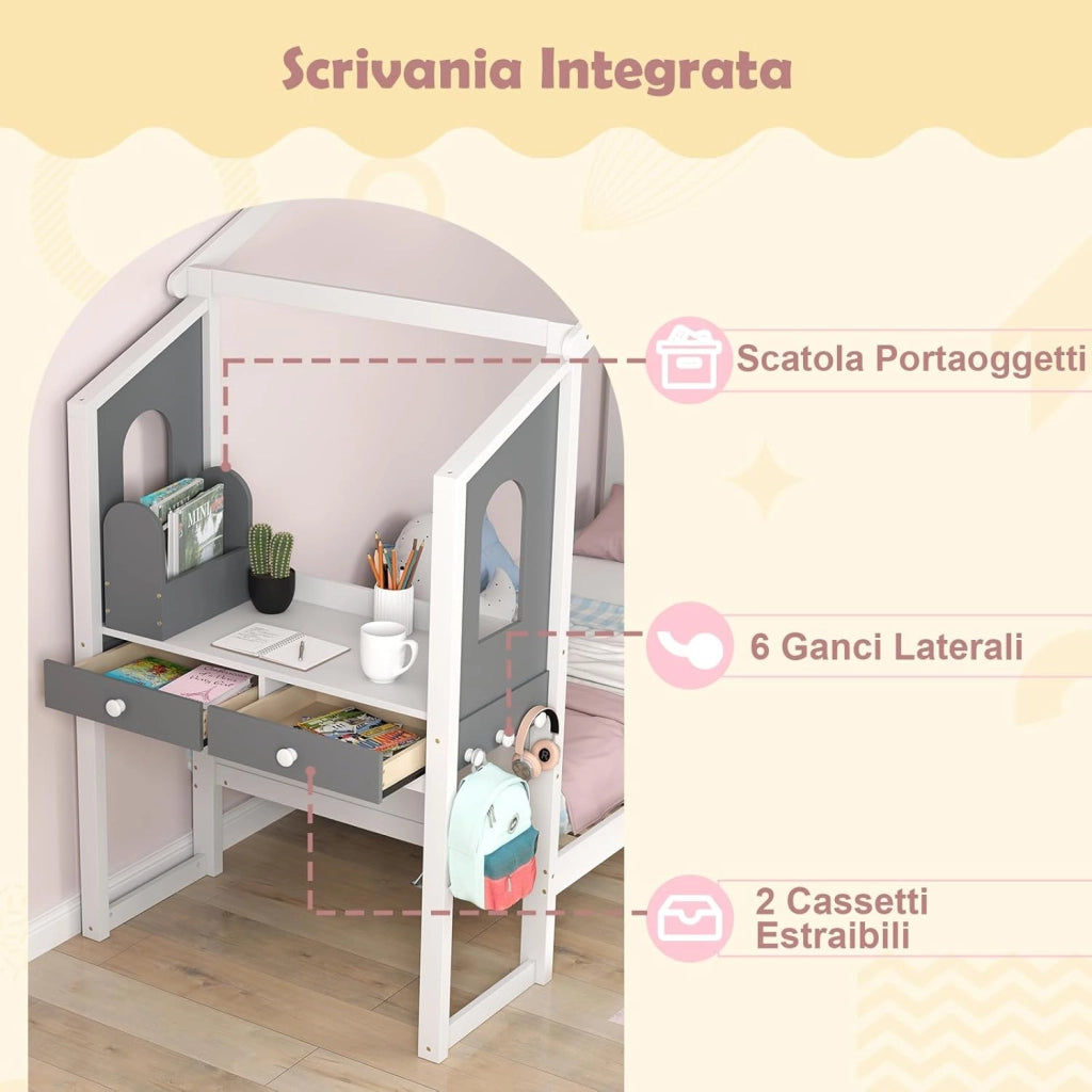 Letto Matrimoniale/Singolo con Scrivania, Letto Piattaforma in Legno con Testiera a Staccionata Ganci e Cassetti, 200x140/200x90 cm, Carico 320/150kg (200x90 cm)