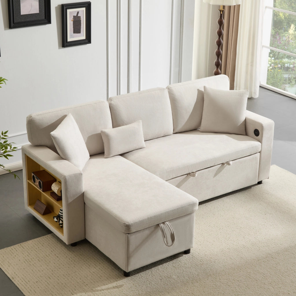 Divano letto 3 posti reversibile con USB; contenitore; 3 cuscini; MDF; beige