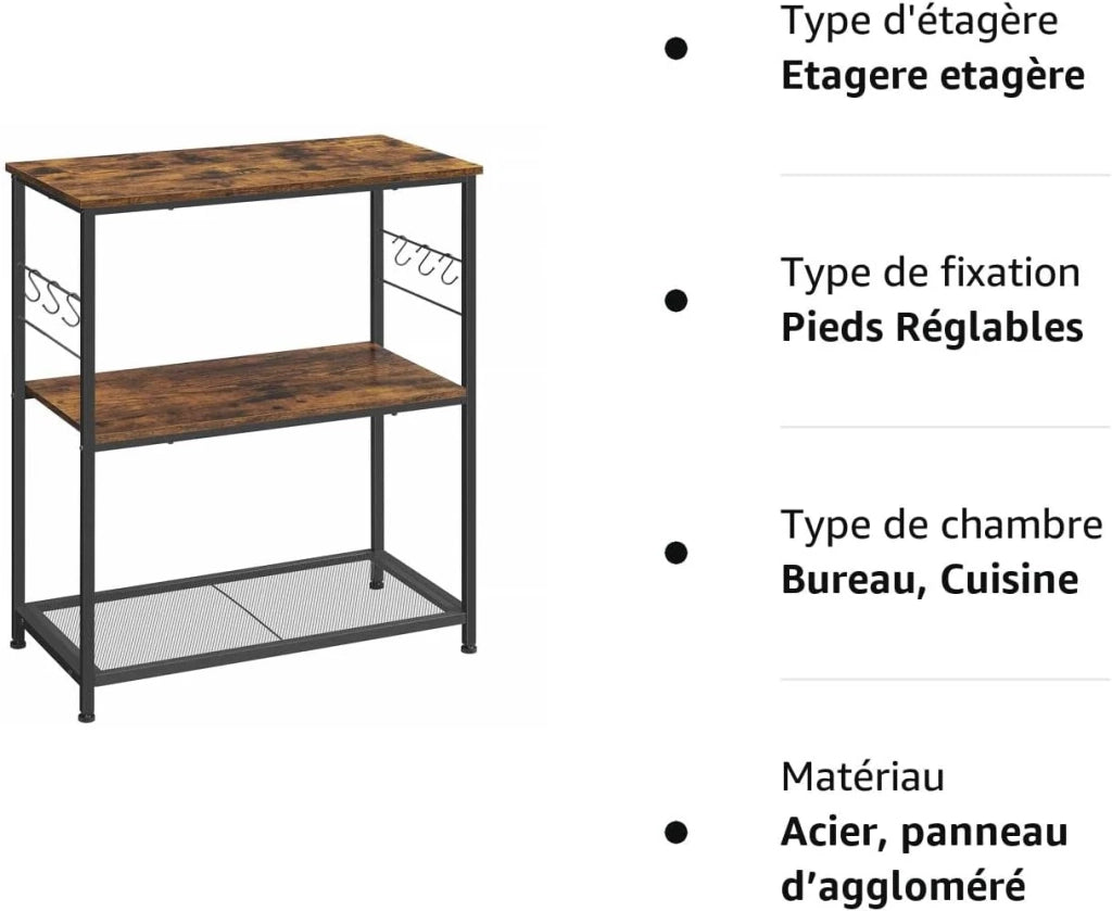 Mobile cucina isola ripiano portaoggetti supporto forno microonde con 3 ripiani aperti 6 ganci 80 x 40 x 90 cm stile industriale rustico marrone e nero 12_0003135