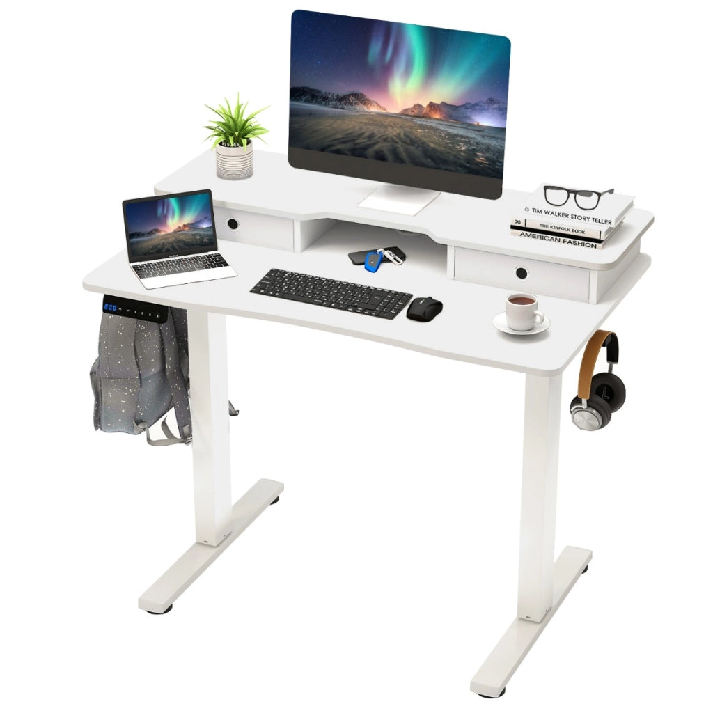 Scrivania elettrica regolabile in altezza con 2 cassetti, Scrivania con supporto per monitor 100 x 60 cm Bianco-Scrivanie
