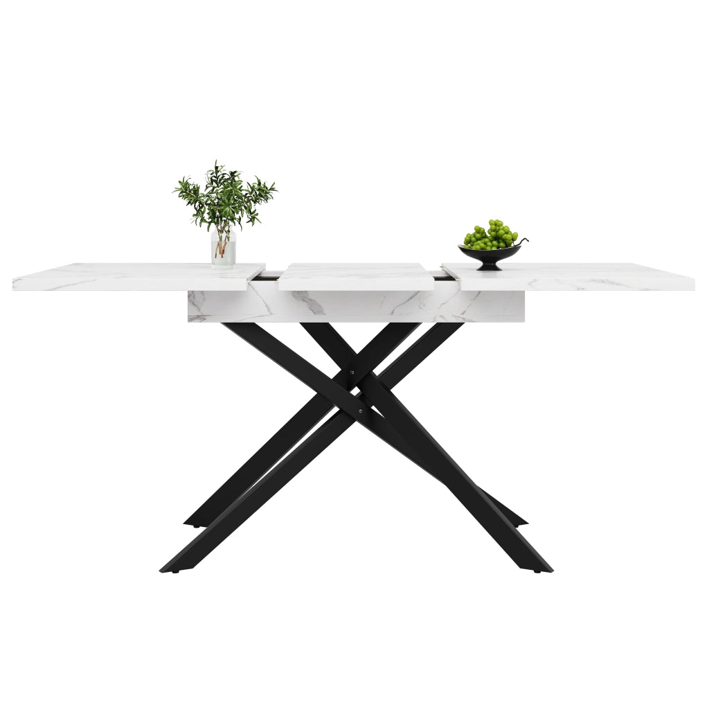 Tavolo da Pranzo Allungabile Effetto Marmo ¨C Xylo ¨C Piano Bianco, Gambe Metallo Nero, 120-160 cm