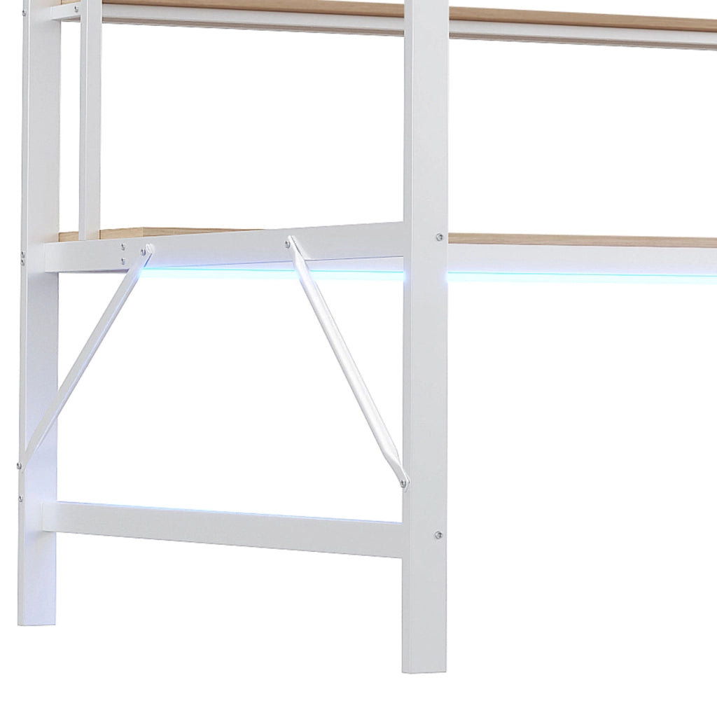 Letto a soppalco 140x200 cm con LED; scala e scrivania in metallo e MDF bianco