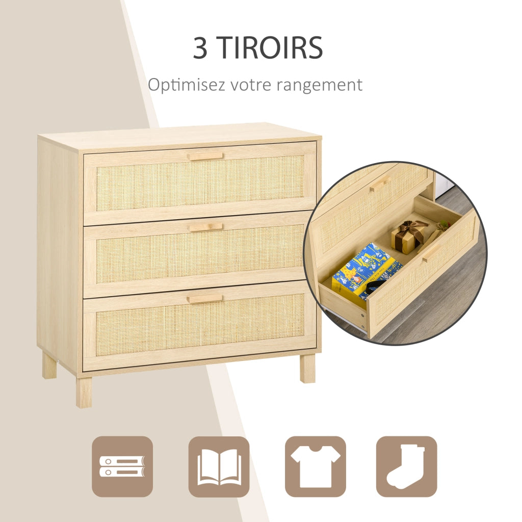 Com¨° 3 Cassetti Cannage in Rattan ¨C zephmum ¨C MDF Effetto Legno Chiaro 80x40x80 cm