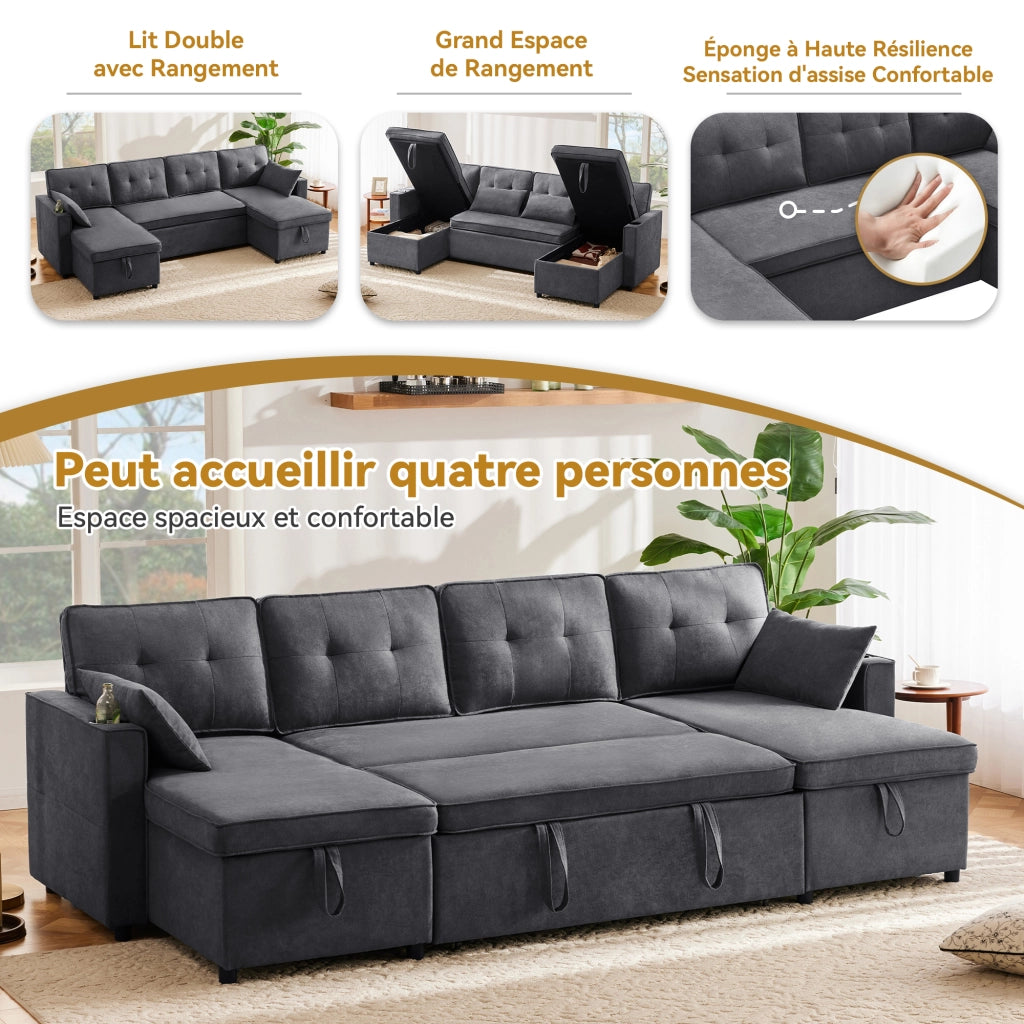 Divano Letto a U con Contenitori; Portabicchieri e Tasche Laterali; in Cotone e Lino; Grigio 270 × 130 × 86 cm