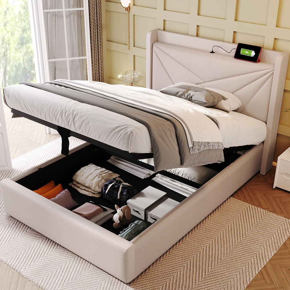 Letto a ribalta imbottito 90x200 - Xylo - Beige - Testiera con USB