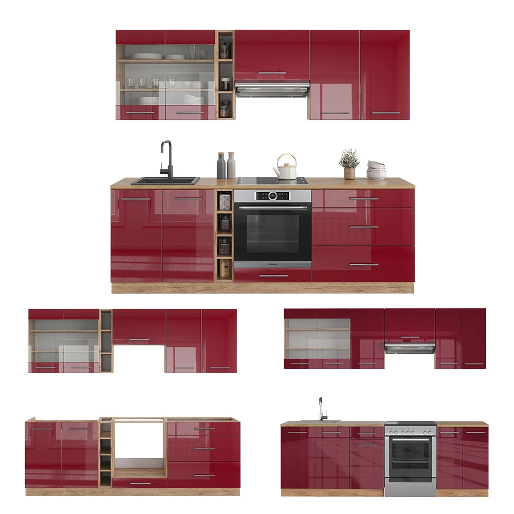 Cucina componibile Fame-Line Bordeaux lucido/Rovere dorato 235 cm, PL Rovere Vicco