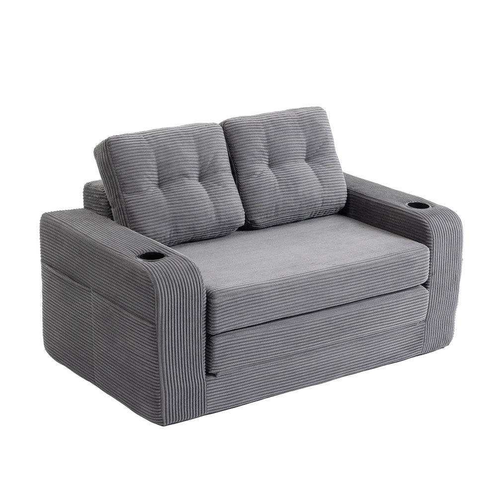 Divano 2 Posti in Tessuto a Coste con Cuscini Trapuntati e Tasche Laterali ¨C MINIMAL ¨C Grigio