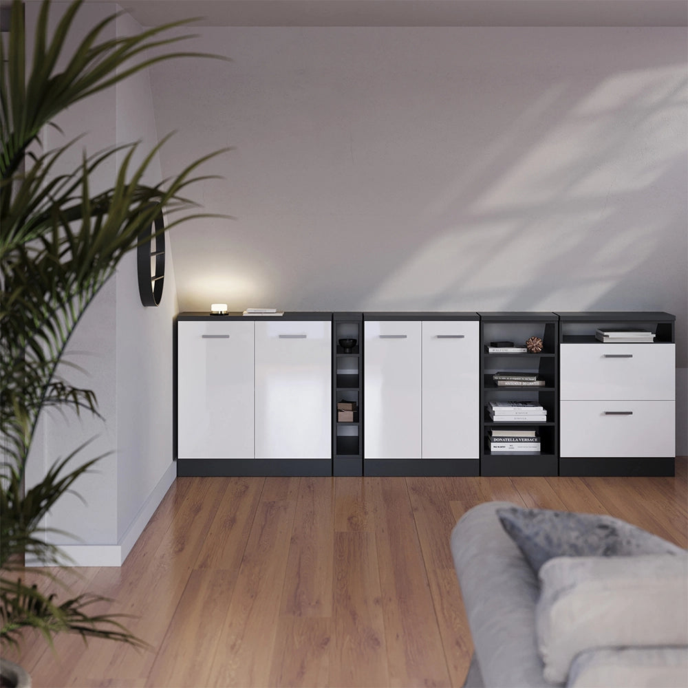 Mobile cucina sottotetto R-Line Bianco lucido/Antracite 60 cm con 2 cassetti, carcassa 60 cm profondità Vicco