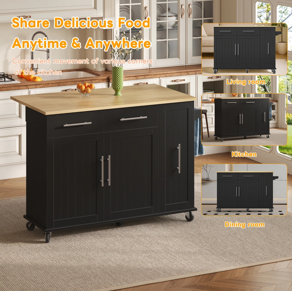 Isola da cucina mobile con piano pieghevole; organizer estraibile a 3 livelli; MDF; nero e naturale
