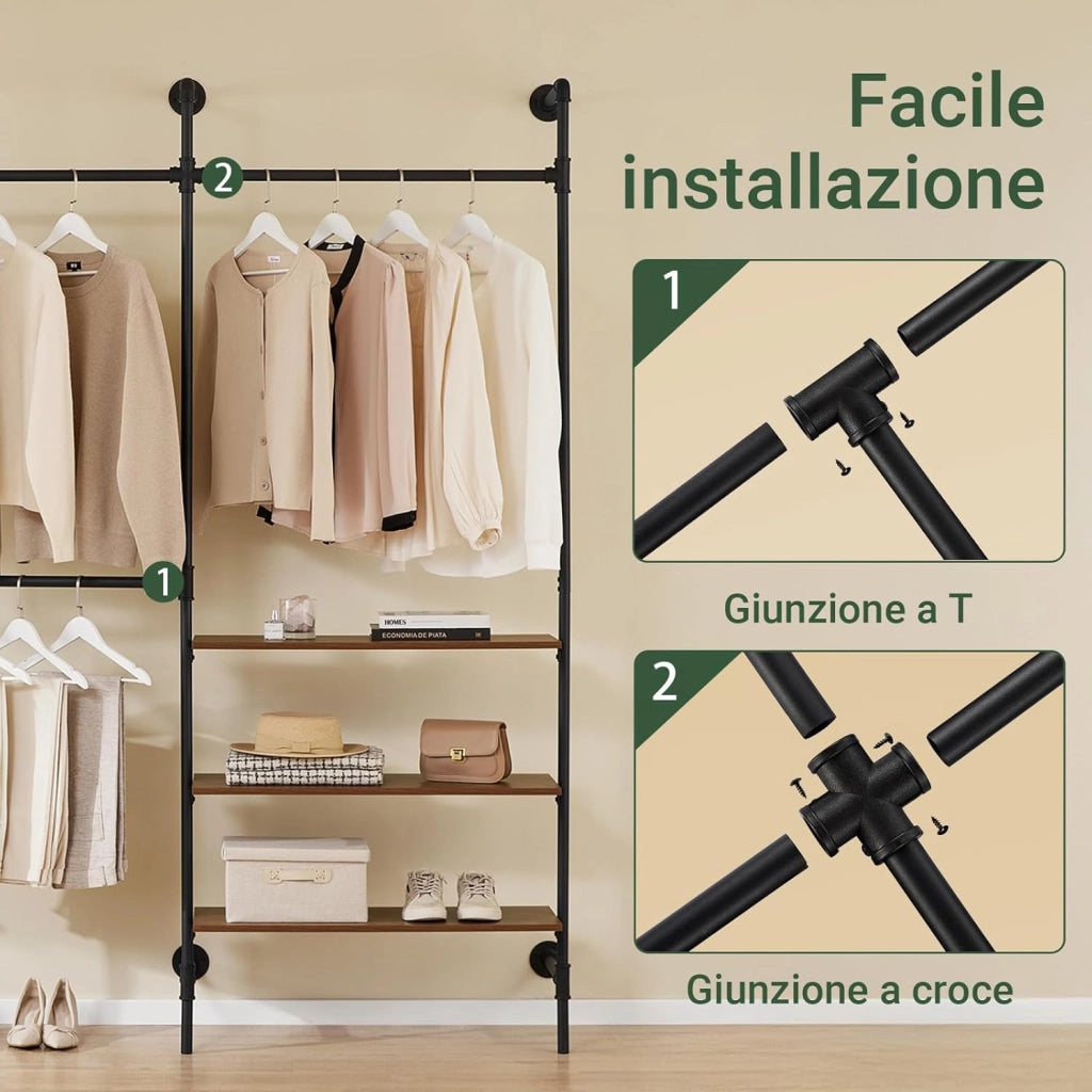 Appendiabiti a Parete con 3 Aste Appendiabiti + 3 Ripiani MDF, Porta Abiti per Camera da Letto, 168x46x220cm, Industriale Nero KLS18-SCH