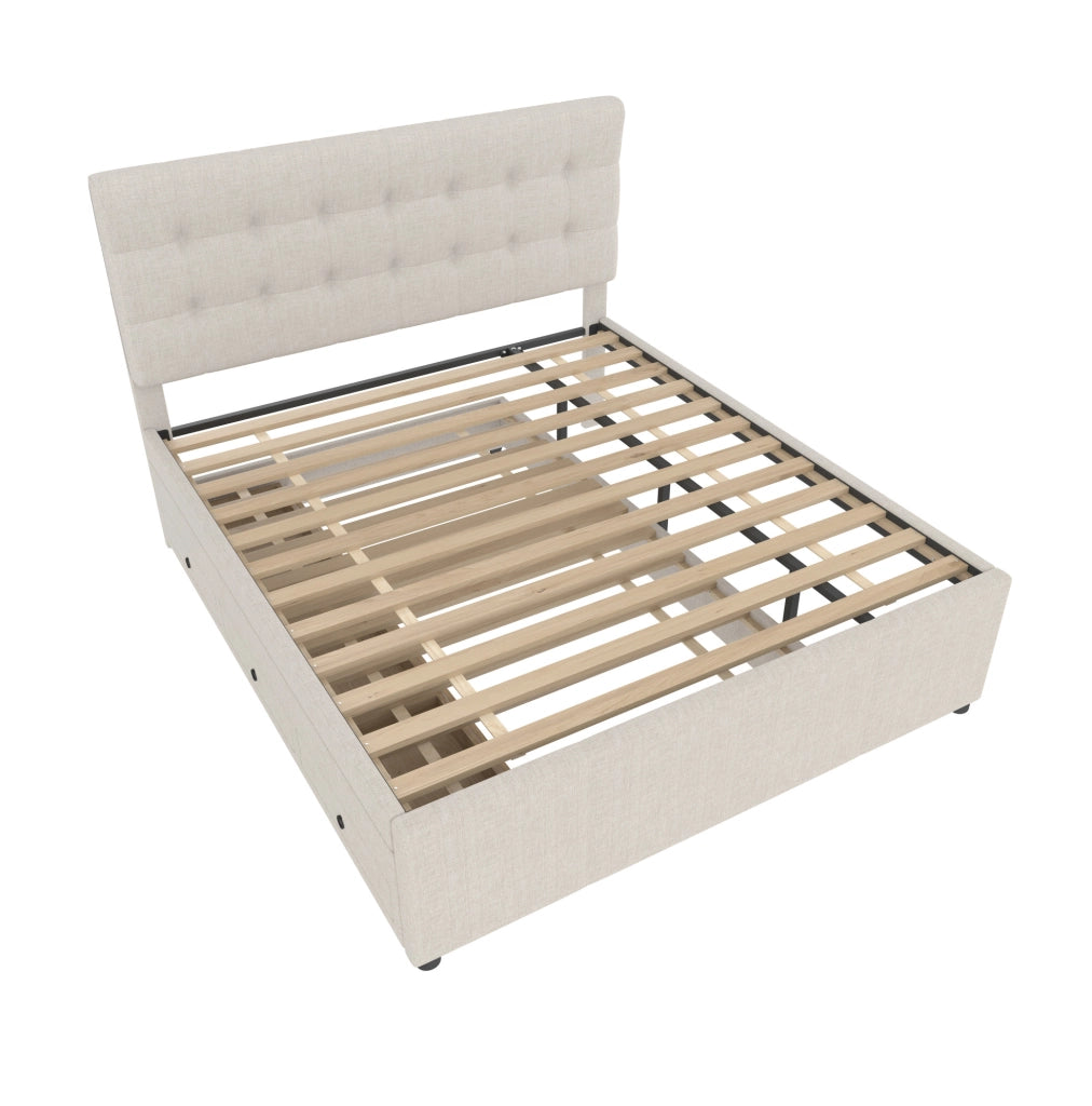 Letto imbottito 140x200 cm con letto estraibile e 3 cassetti; testiera regolabile; lino e MDF beige (Senza materasso)